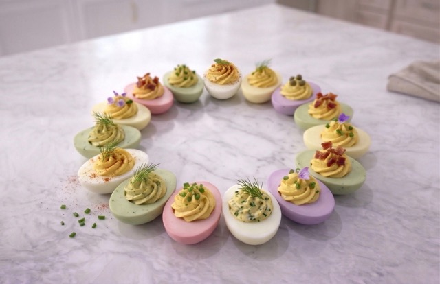 Herb-infused deviled eggs prepared using the No-Peel Deviled Egg Tray