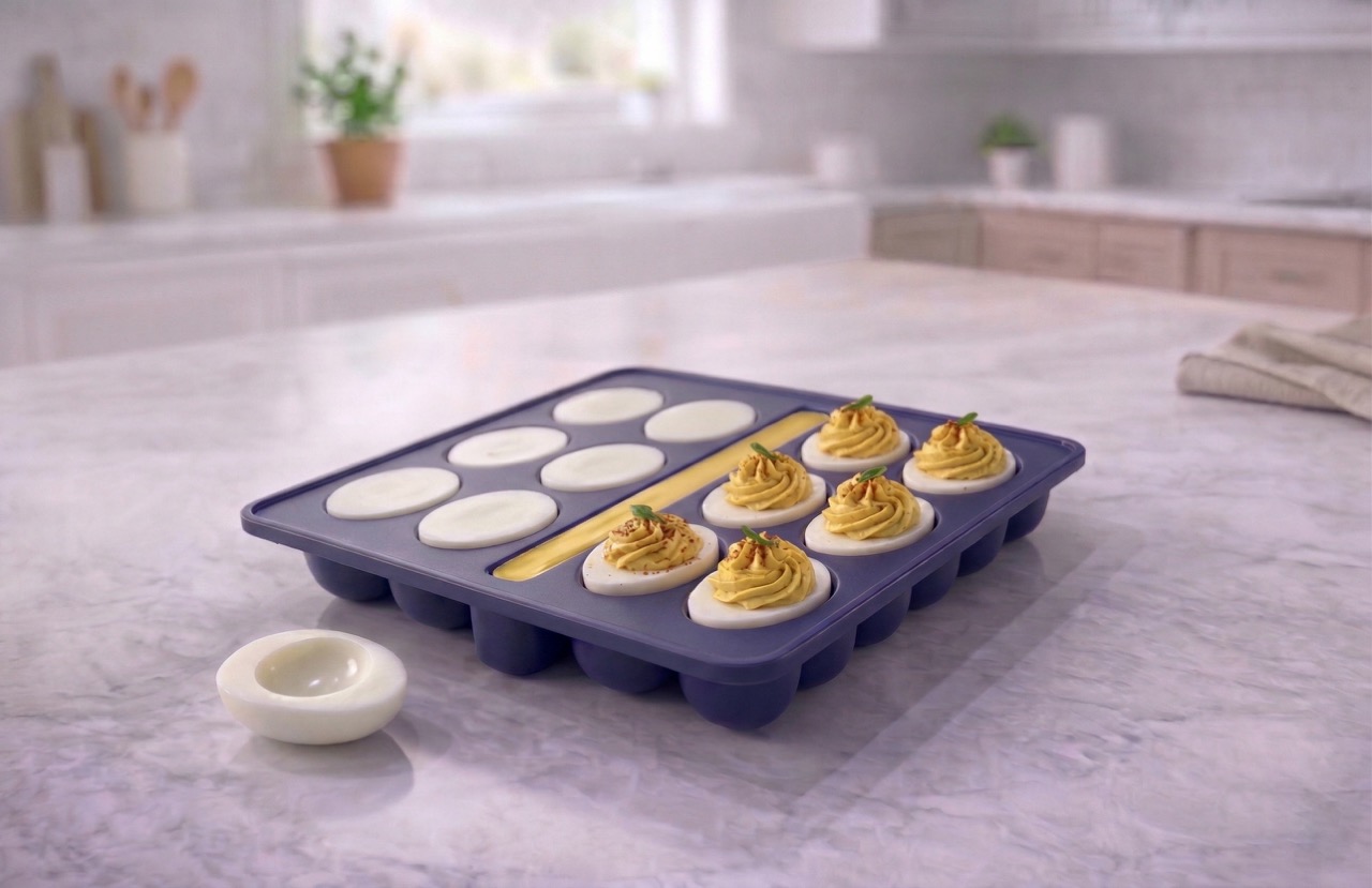 No-Peel Deviled Egg Tray displayed on a kitchen counter